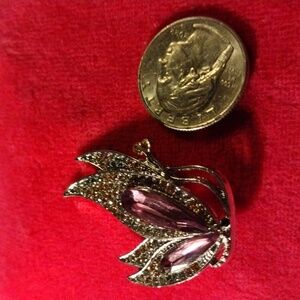 Silver plated w/clear and purple rhinestones butterfly brooch